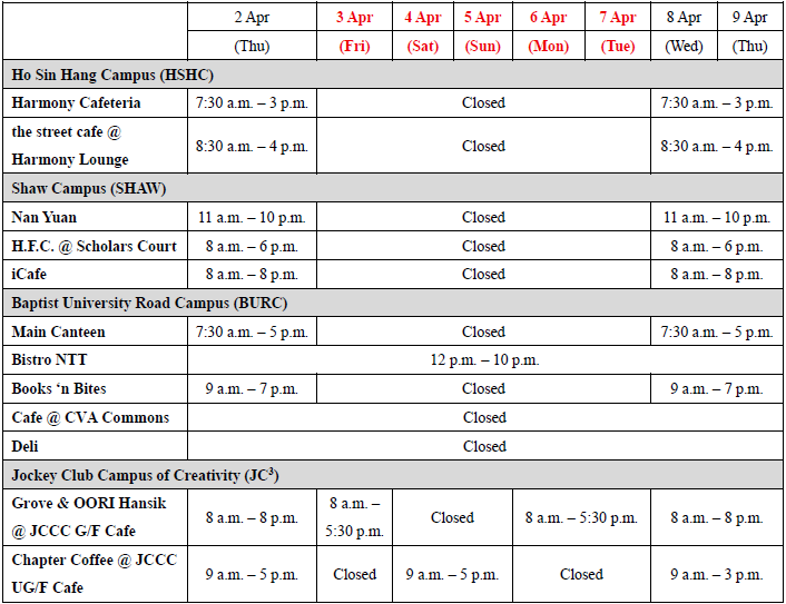 20260324 Easter operating hours